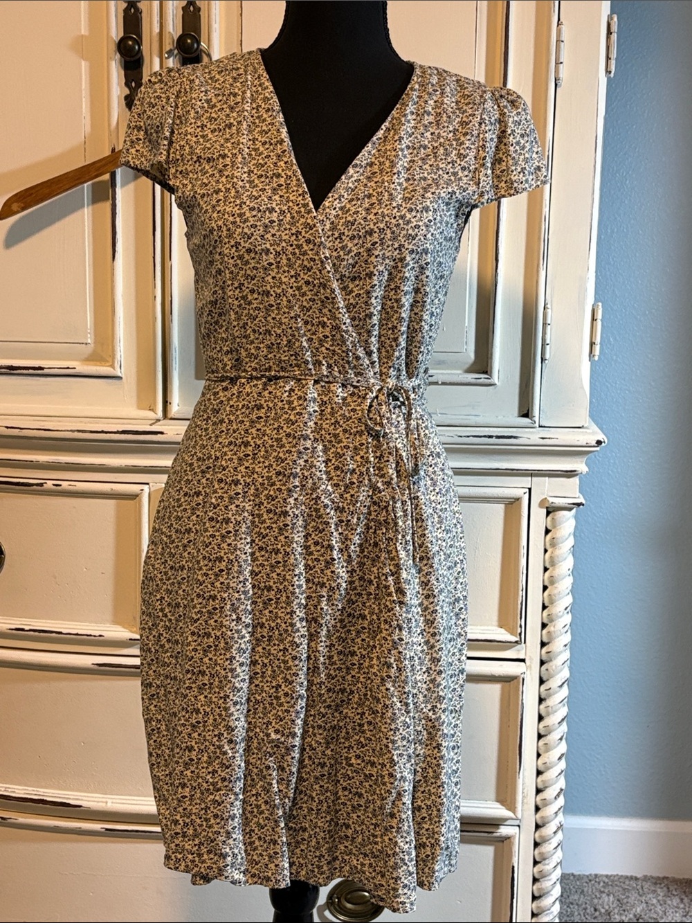 Wrap-Front Midi Dress in Cream with Blue Floral Print